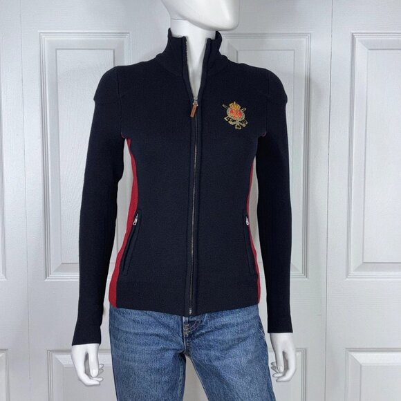 RALPH LAUREN logo crest women's full zip wool cardigan size XS - Picture 2 of 2